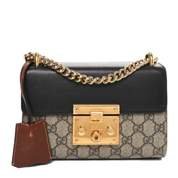GUCCI GG Supreme Monogram Calfskin Small Padlock Shoulder Bag Beige Black Cuir