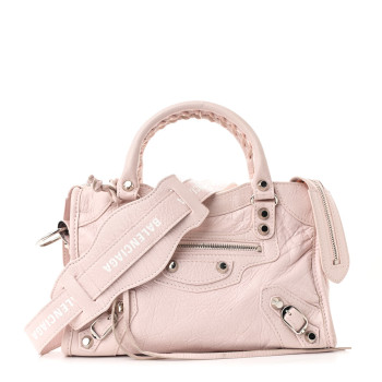 BALENCIAGA Agneau Classic Silver Hardware Mini City Logo Strap Light Rose White