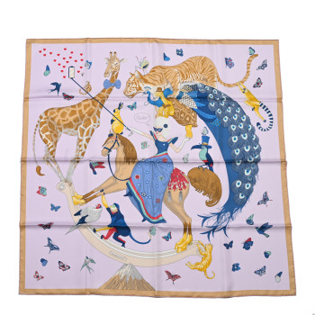 HERMES Silk Story Scarf 90 Rose Nacre Bleu Beige
