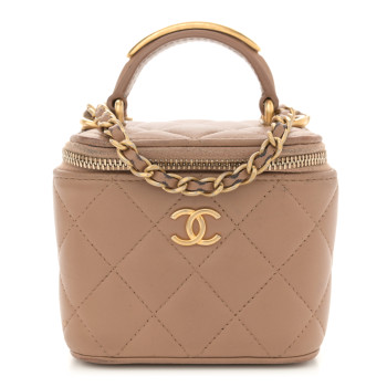 CHANEL Lambskin Quilted Top Handle Mini Vanity Case With Chain Beige