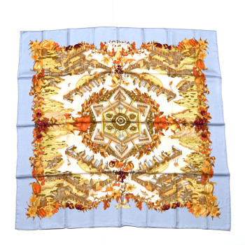 HERMES Silk Au Pays de Cocagne Scarf 90 Ciel White Ocre Orange