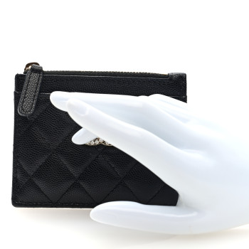 CHANEL Caviar Quilted Crystal CC Logo Zip Card Holder Black