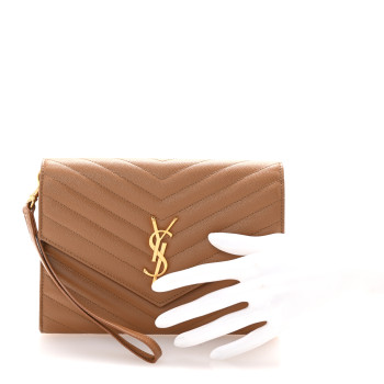 SAINT LAURENT Grain De Poudre Matelasse Chevron Monogram Cassandre Flap Pouch Natural Dark