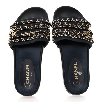 CHANEL Satin Canvas Chain Slides Sandals Flats 38 Marine