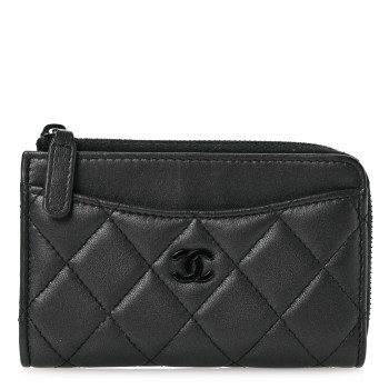 CHANEL Pearly Lambskin Quilted Zip Card Holder So Black