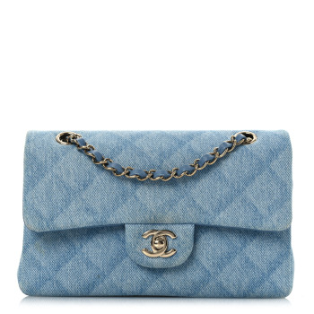 CHANEL Printed Denim Quilted Mini Rectangular Flap Light Blue