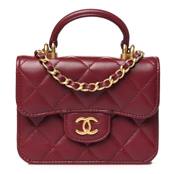 CHANEL Lambskin Quilted Top Handle Flap Coin Purse With Chain Burgundy