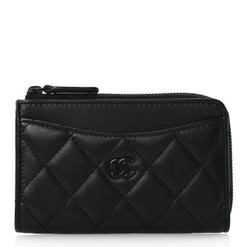 CHANEL Pearly Lambskin Quilted Zip Card Holder So Black