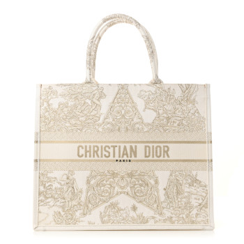 CHRISTIAN DIOR Canvas Embroidered Large Around The World Book Tote Gold