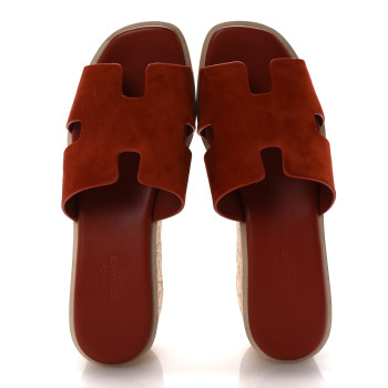 HERMES Suede Goatskin Cork Eze 30 Sandals 37 Orange Brulee