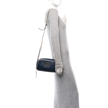 GUCCI Vintage Effect Calfskin Matelasse Diagonal Small Torchon GG Marmont Chain Shoulder Bag Blue Agata Mystic White