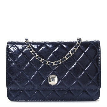 CHANEL Patent Metallic Crumpled Calfskin Quilted Wallet On Chain WOC Navy
