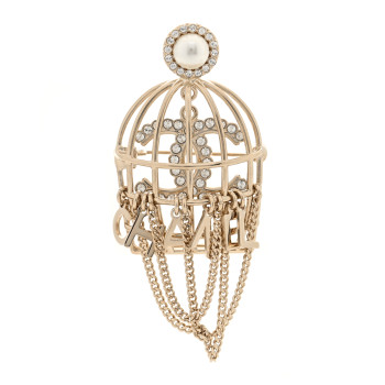CHANEL Metal Crystal Pearl CC Birdcage Brooch Light Gold