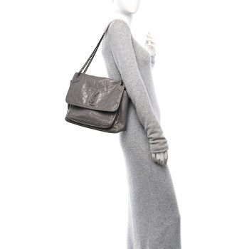 SAINT LAURENT Crinkled Calfskin Matelasse Monogram Large Niki Chain Satchel Fog