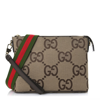 GUCCI Monogram Jumbo GG Textured Dollar Calfskin Web Wristlet Messenger Bag Camel Ebony New Acero