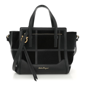 SALVATORE FERRAGAMO Calfskin Suede Patchwork Double Handle Small Amy Tote Black