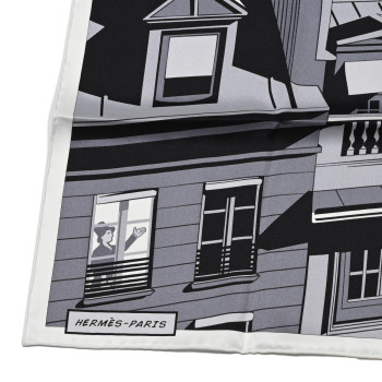 HERMES Silk Minuit Au Faubourg Scarf 70 White Gris Black