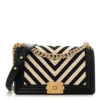 CHANEL Fabric Chevron Braided Medium Boy Flap Black White