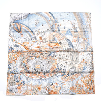 HERMES Silk Les Folies Du Faubourg Scarf 90 Bleu Jean Anthracite Cannelle
