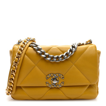 CHANEL Lambskin Quilted Medium Chanel 19 Flap Yellow