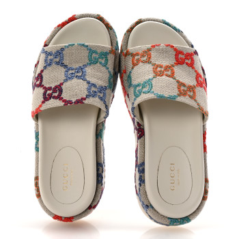 GUCCI Linen Psychedelic Mini GG Monogram Angelina Platform 55mm Slide Sandals 35.5 Multicolor