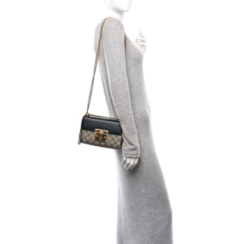 GUCCI GG Supreme Monogram Calfskin Small Padlock Shoulder Bag Beige Black Cuir