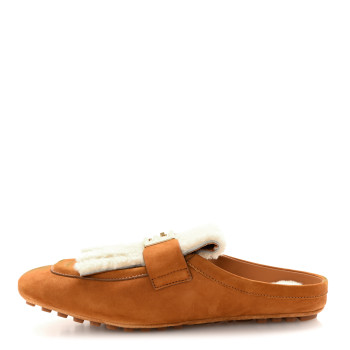 FENDI Suede Shearling Baguette Mules 38 Caramello Latte