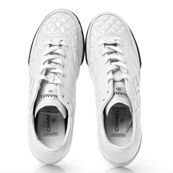 CHANEL Shiny Calfskin Suede Quilted CC Logo Sneakers 41 White