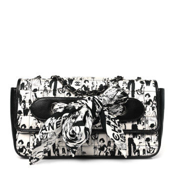 CHANEL Silk Lambskin Coco Mademoiselle Scarf Flap Bag White Black