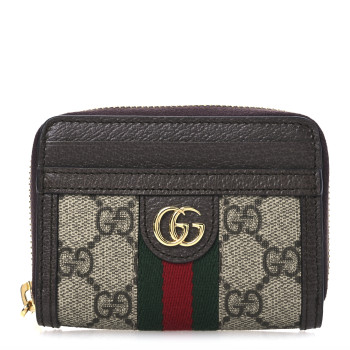 GUCCI GG Supreme Monogram Textured Dollar Calfskin Web Ophidia Zip Around Card Case Wallet Beige Ebony New Acero
