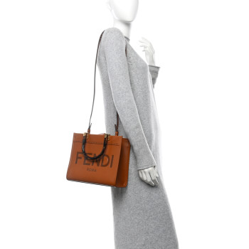 FENDI Vitello King Plexiglass Logo Embossed Small Fendi Sunshine Shopper Tote Cuoio