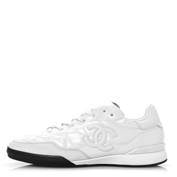 CHANEL Shiny Calfskin Suede Quilted CC Logo Sneakers 41 White