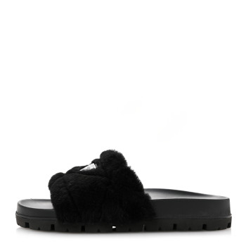 PRADA Shearling Metal Triangle Logo Lug Sole 20mm Slide Sandals 36.5 Black