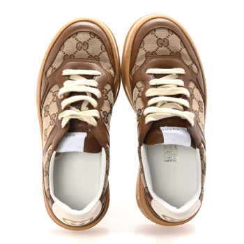 GUCCI Calfskin GG Monogram Womens Platform 55mm Sneakers 38.5 Hezelnut Beige Ebony Mystic White