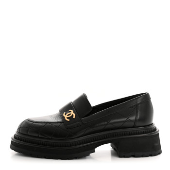 CHANEL Calfskin Quilted CC Mocassin Loafers 38 Black