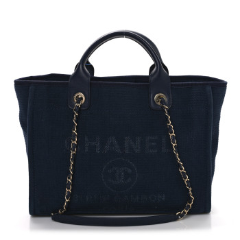 CHANEL Mixed Fibers Calfskin Medium Deauville Tote Navy Blue