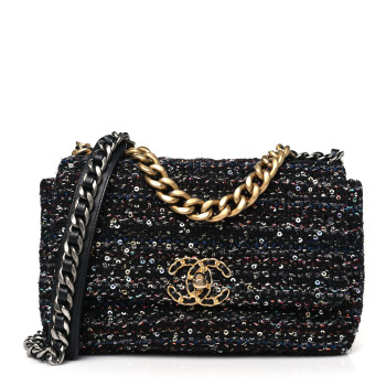 CHANEL Tweed Sequin Quilted Medium Chanel 19 Flap Black Multicolor