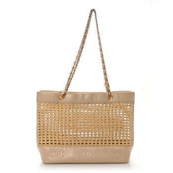 CHANEL Lambskin Straw CC Tote Beige