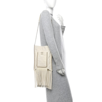 CHANEL Calfskin Quilted Fringe Small Shopping Bag White