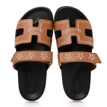 HERMES Calfskin Embroidered Womens Chypre Sandals 41 Natural