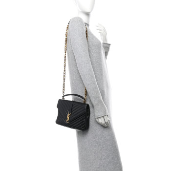 SAINT LAURENT Cracked Shiny Calfskin Matelasse Chevron Monogram Medium College Bag Black