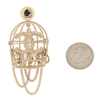 CHANEL Metal Crystal Pearl CC Birdcage Brooch Light Gold