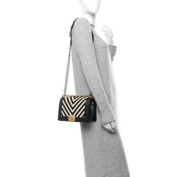 CHANEL Fabric Chevron Braided Medium Boy Flap Black White