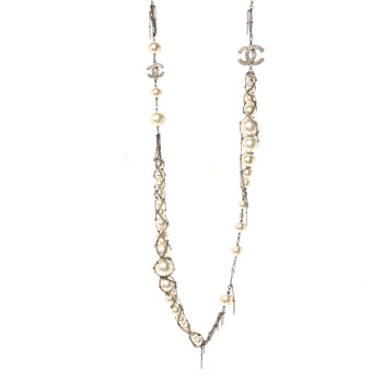 CHANEL Crystal Pearl Multi Strand Chain CC Long Necklace Silver