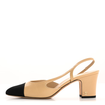 CHANEL Goatskin Grosgrain Cap Toe CC Slingback Pumps 38 Beige Black
