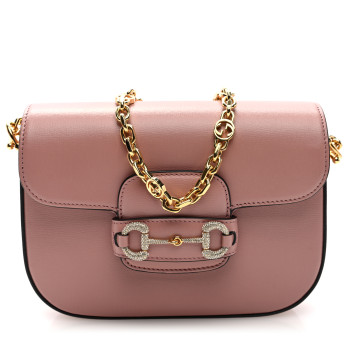 GUCCI Azalea Calfskin Crystal GG Monogram Mini Horsebit 1955 Shoulder Bag Pink