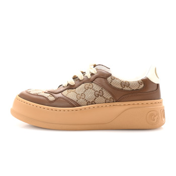 GUCCI Calfskin GG Monogram Womens Platform 55mm Sneakers 38.5 Hezelnut Beige Ebony Mystic White