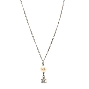 CHANEL Pearl Crystal CC Pendant Necklace Silver
