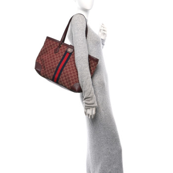 GUCCI Monogram Textured Dollar Calfskin Web Medium Ophidia Shopping Tote Sahara Rubino Chardonnay