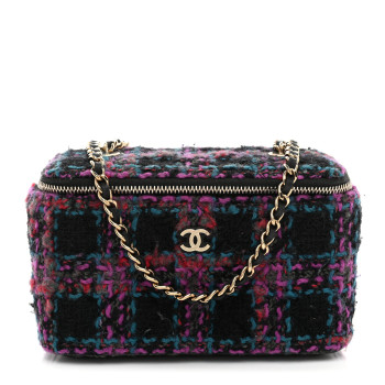 CHANEL Tweed Quilted Small Vanity Case With Chain Black Purple Green Red